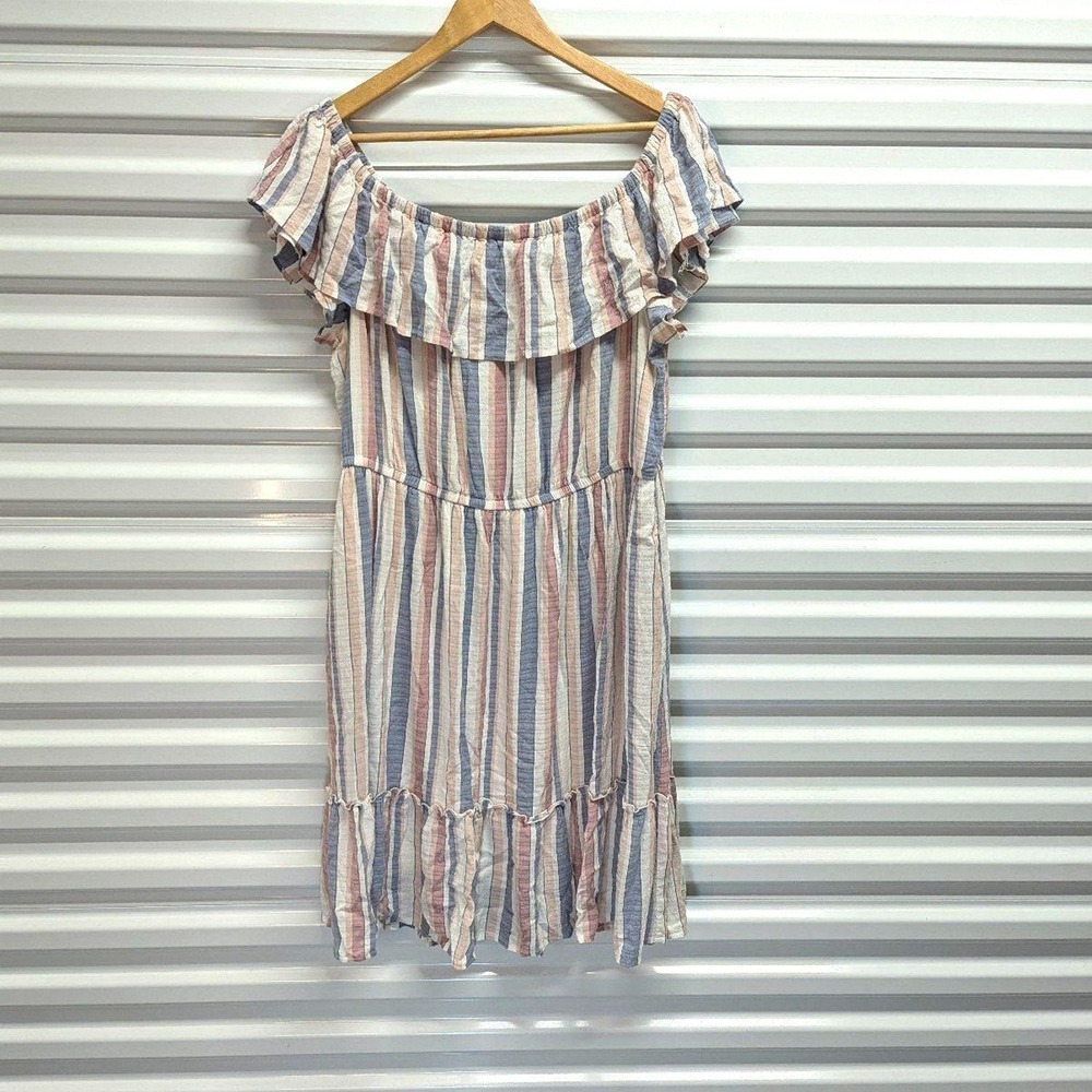 Boho Coastal Off Shoulder‎ Stripe Peasant Dress Cottagecore Lane Bryant 18/20
